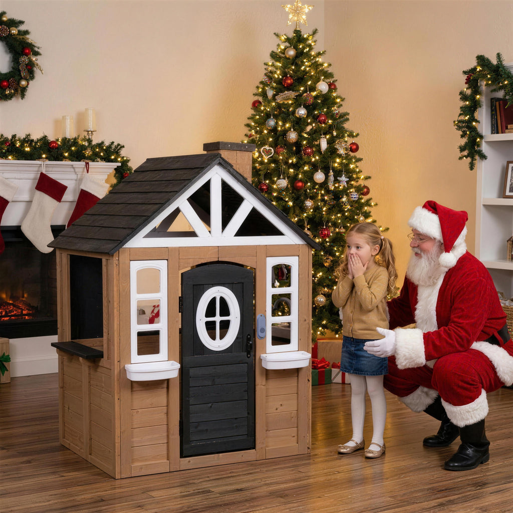 Sunnyfree Outdoor Playhouse for Kids, Wooden Playhouse with Doorbell, Phone, and Kitchen Toys, Ages 3 to 8
