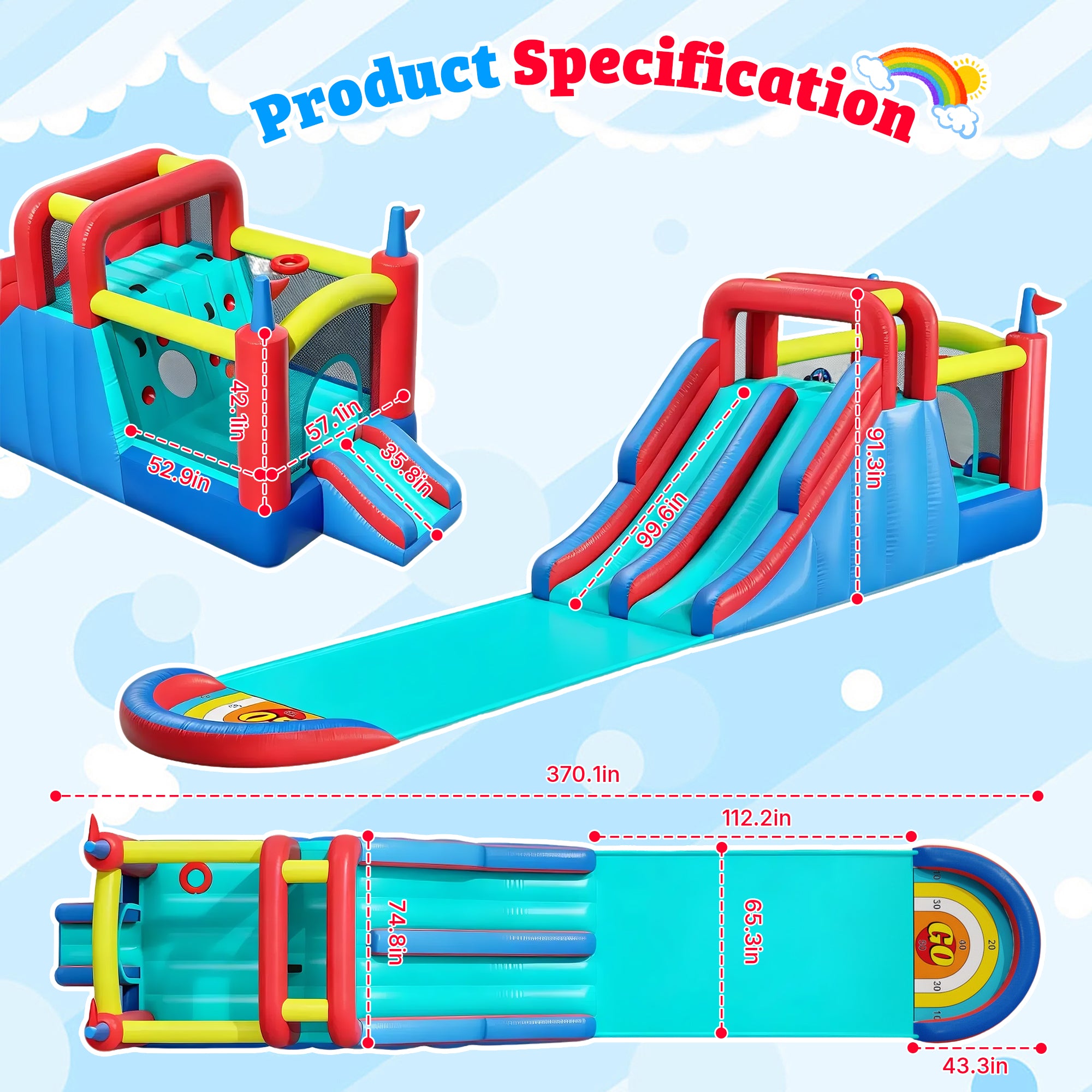 Sunnyfree Inflatable Water Slide for Kids 3+, 2 Extra Long Slides with Sprinkler, 2 Slip Inflatable Boards&112in Removable Slide, Indoor/Outdoor