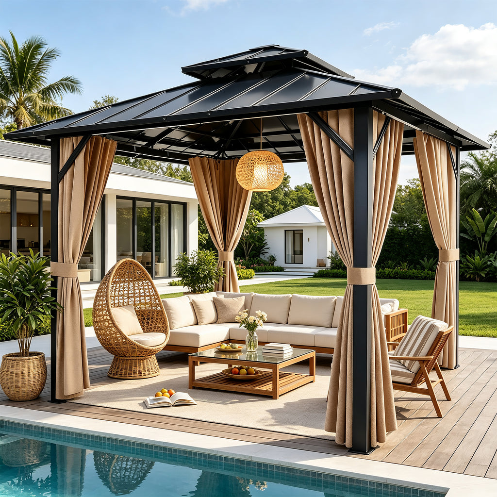 Sunnyfree 10x10 ft Hardtop Gazebo, Galvanized Steel Double Roof, Aluminum Pavilion with Curtains & Netting, for Patio, Garden