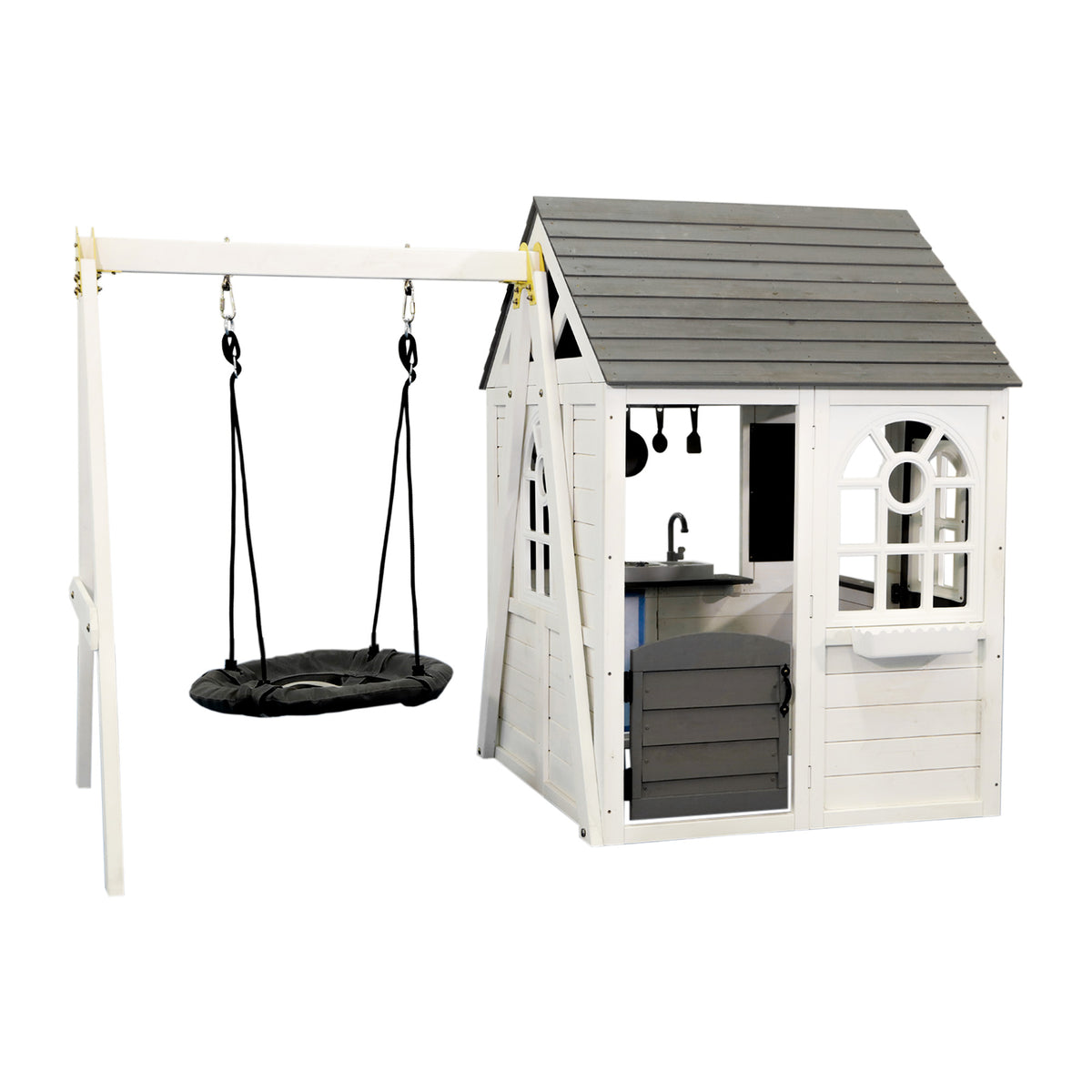 Sunnyfree Wooden Playhouse with Swing Set, Outdoor Playhouse with Interactive Play Kitchen, Paintable for Ages 3–8, Indoor & Outdoor