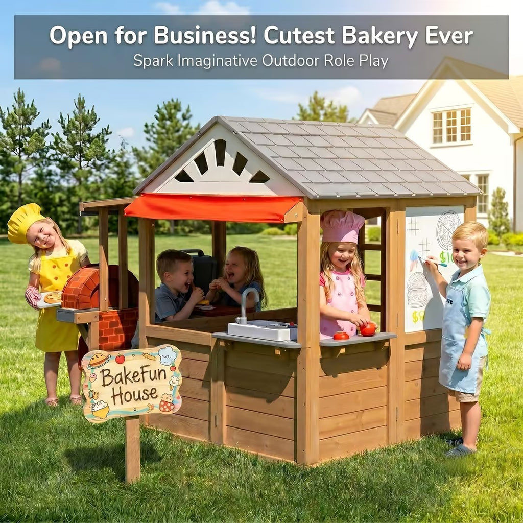 Sunnyfree Ourdoor Playhouse with BBQ Grill, Wooden Playhouse Interactive Kitchen, Pizza Oven, Toy Grill, Kitchen Utensils, Indoor & Outdoor