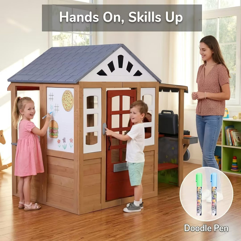 Sunnyfree Ourdoor Playhouse with BBQ Grill, Wooden Playhouse Interactive Kitchen, Pizza Oven, Toy Grill, Kitchen Utensils, Indoor & Outdoor