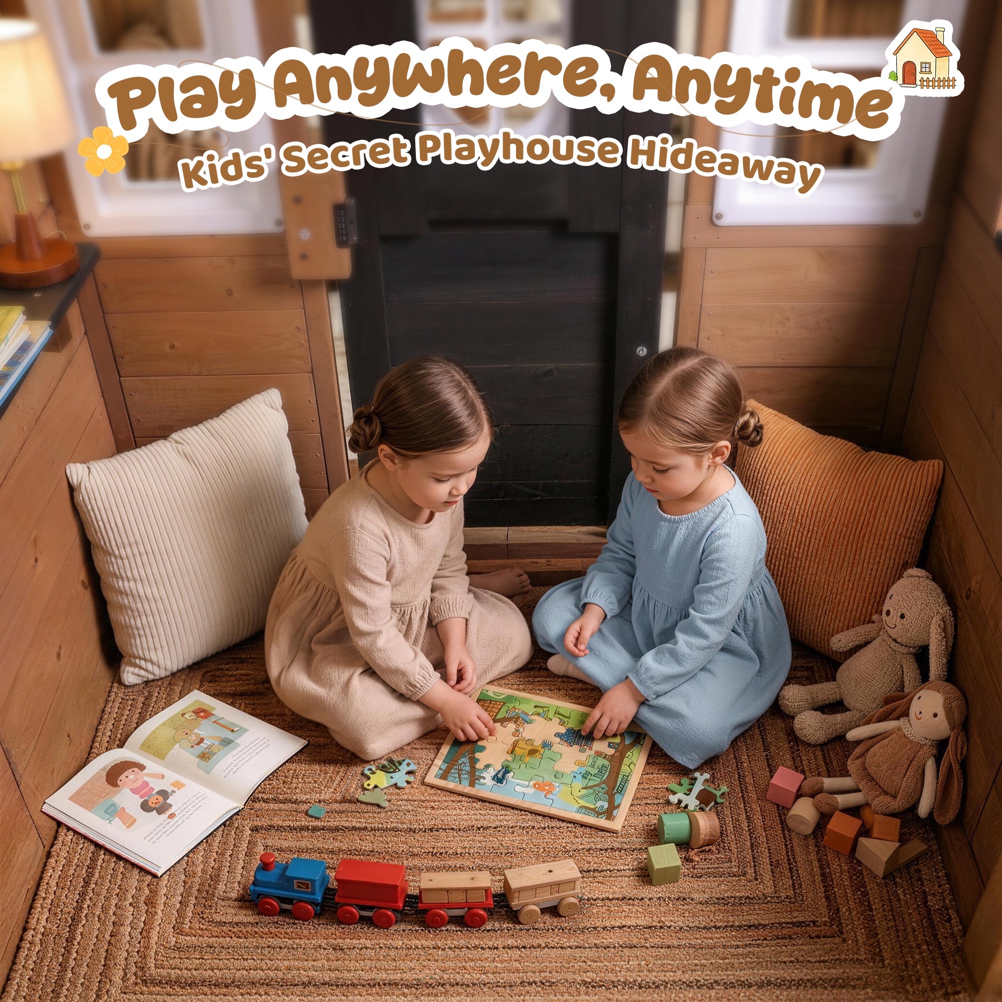 Sunnyfree Outdoor Playhouse for Kids, Interactive Kitchen Wooden Playhouse with Doorbell, Phone, and Kitchen Toys, Indoor & Outdoor