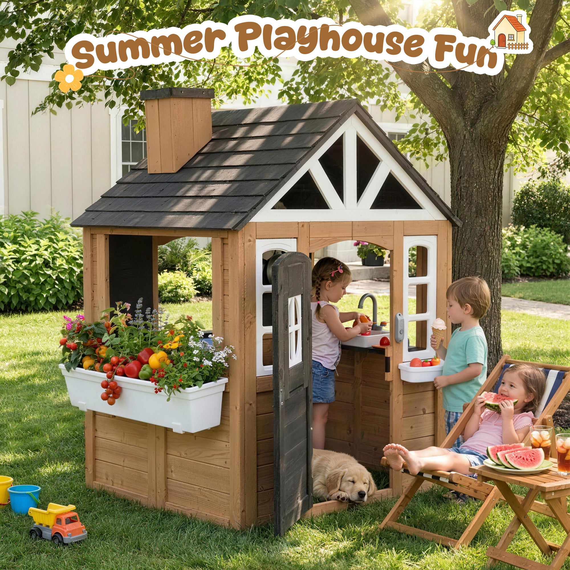 Sunnyfree Outdoor Playhouse for Kids, Interactive Kitchen Wooden Playhouse with Doorbell, Phone, and Kitchen Toys, Indoor & Outdoor