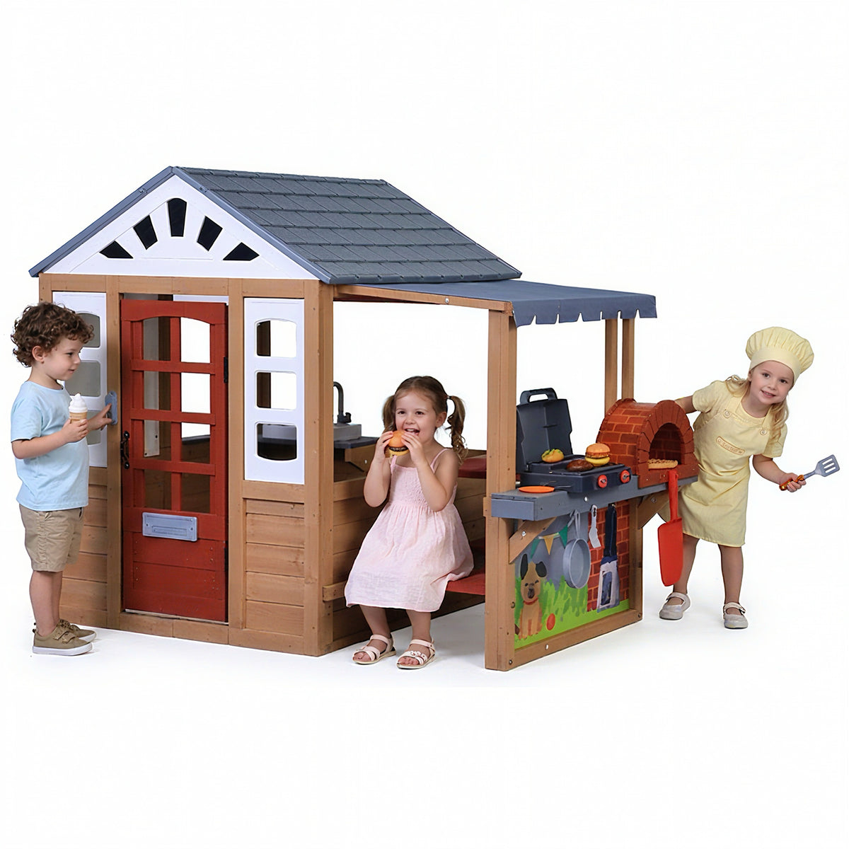Sunnyfree Outdoor Playhouse, Kids Playhouse with Play Kitchen, Wooden Playhouse with Grill Oven, Pizza Oven, Kitchen Utensils, Doorbell for 3+ Kids