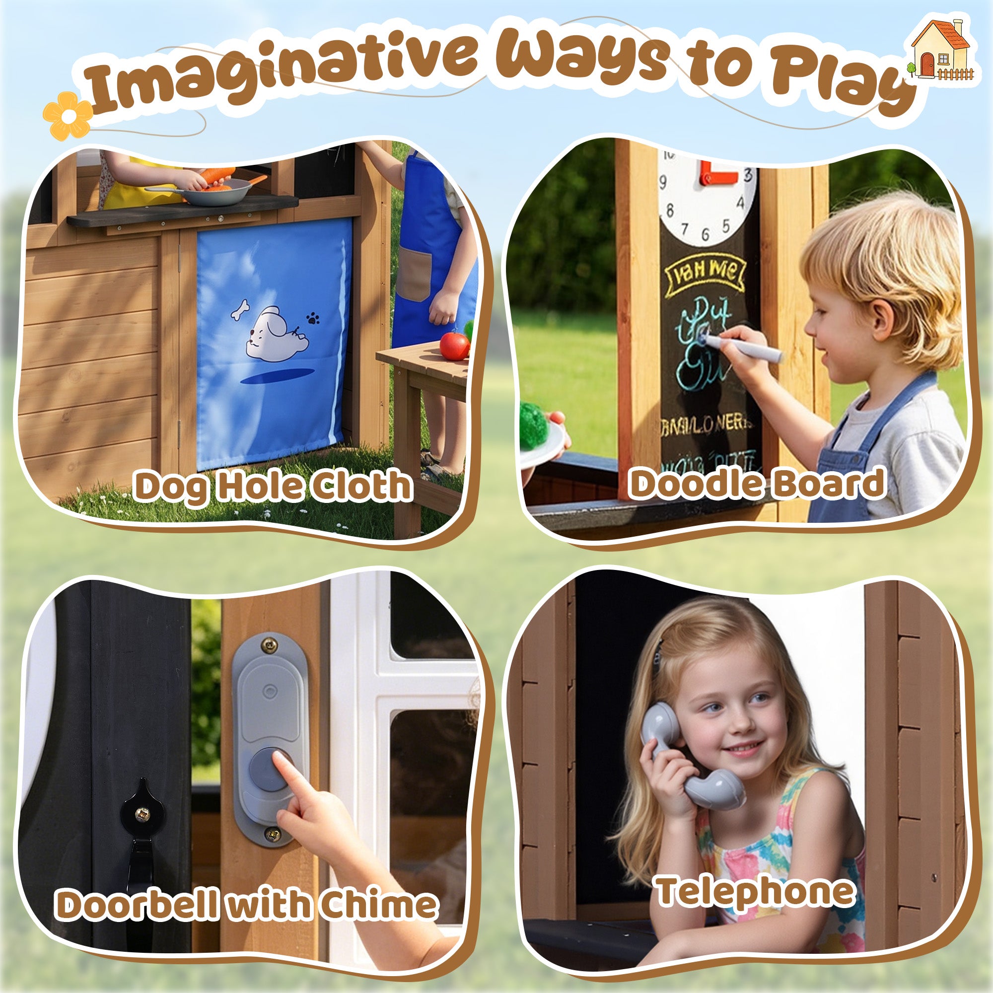 Sunnyfree Outdoor Playhouse for Kids, Interactive Kitchen Wooden Playhouse with Doorbell, Phone, and Kitchen Toys, Indoor & Outdoor
