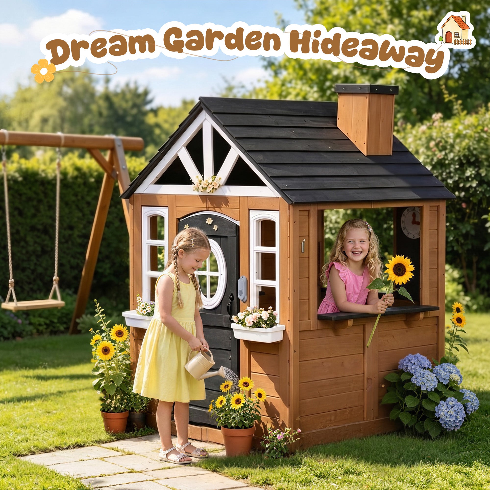 Sunnyfree Outdoor Playhouse for Kids, Interactive Kitchen Wooden Playhouse with Doorbell, Phone, and Kitchen Toys, Indoor & Outdoor