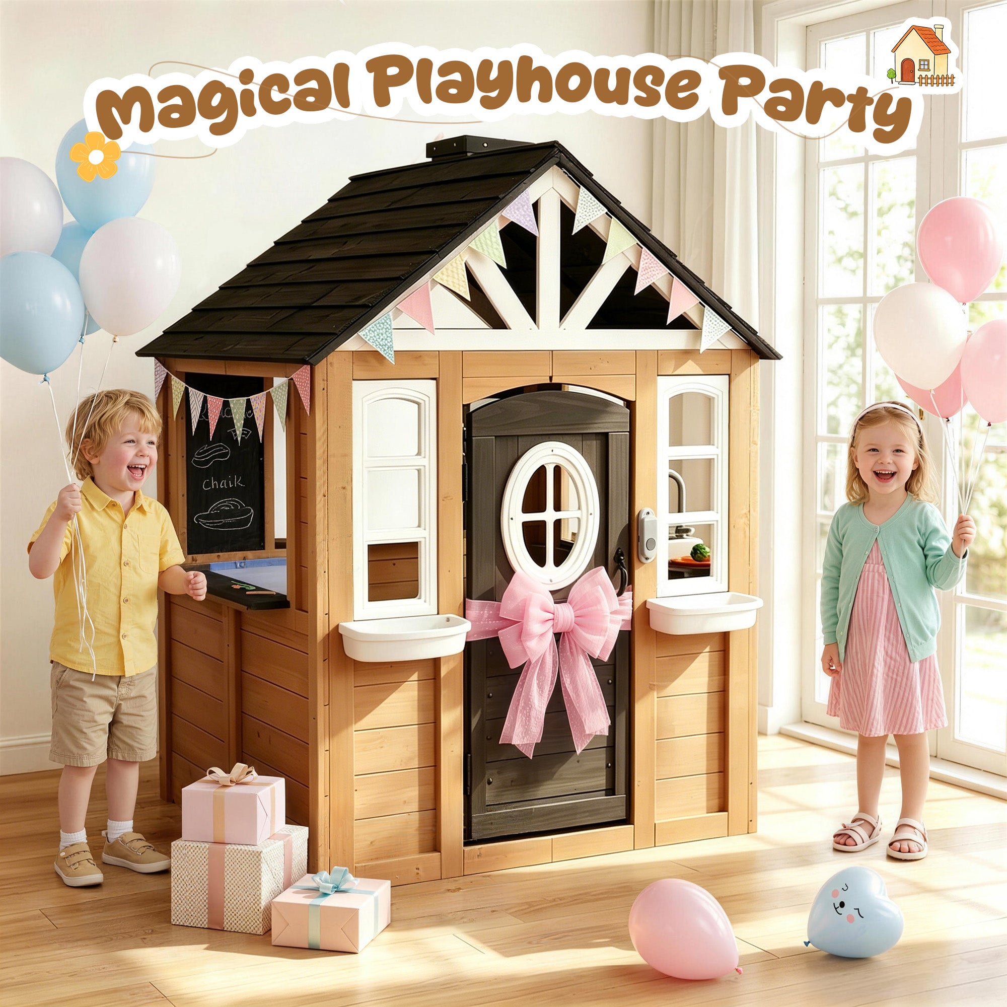 Sunnyfree Outdoor Playhouse for Kids, Interactive Kitchen Wooden Playhouse with Doorbell, Phone, and Kitchen Toys, Indoor & Outdoor