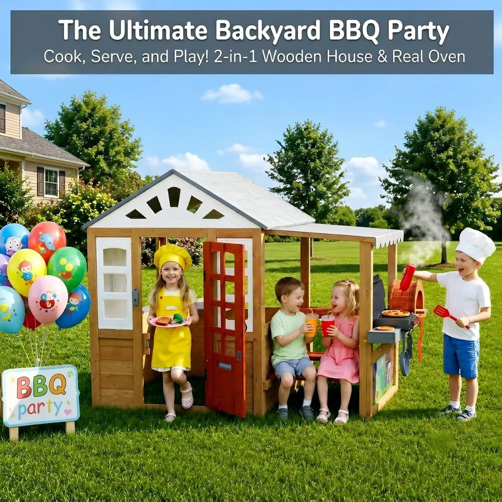 Sunnyfree Ourdoor Playhouse with BBQ Grill, Wooden Playhouse Interactive Kitchen, Pizza Oven, Toy Grill, Kitchen Utensils, Indoor & Outdoor
