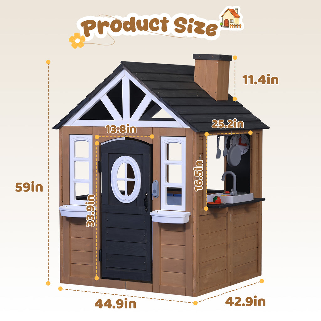 Sunnyfree Outdoor Playhouse for Kids, Interactive Kitchen Wooden Playhouse with Doorbell, Phone, and Kitchen Toys, Indoor & Outdoor
