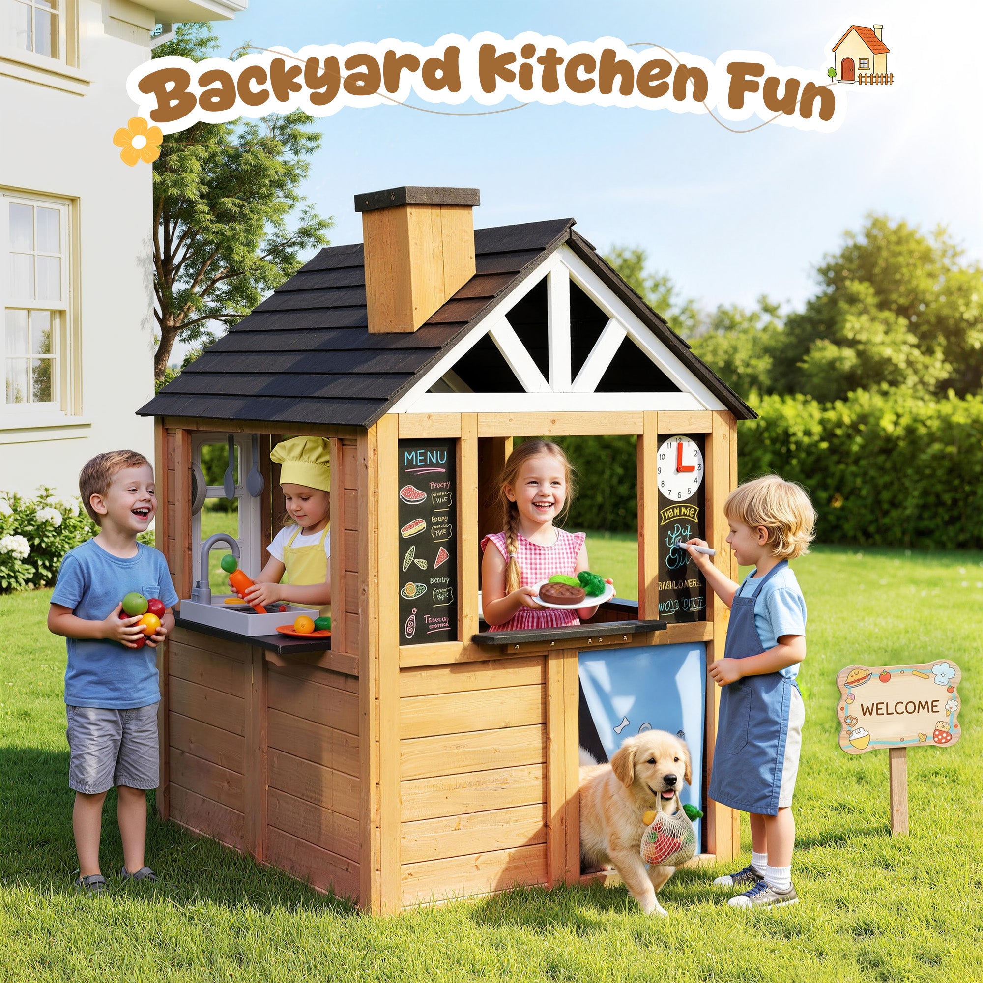 Sunnyfree Outdoor Playhouse for Kids, Interactive Kitchen Wooden Playhouse with Doorbell, Phone, and Kitchen Toys, Indoor & Outdoor